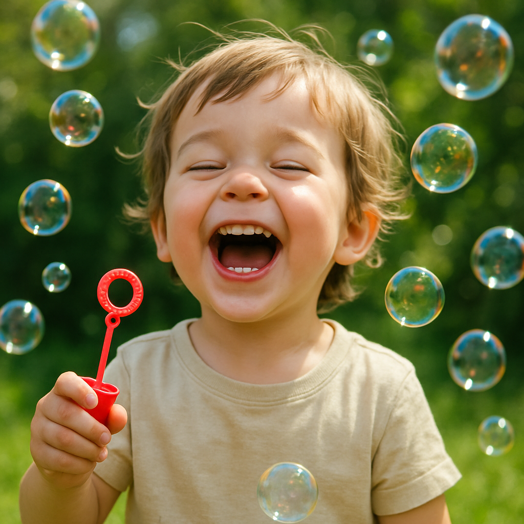 Smiling child blowing bubbles in bright daylight
