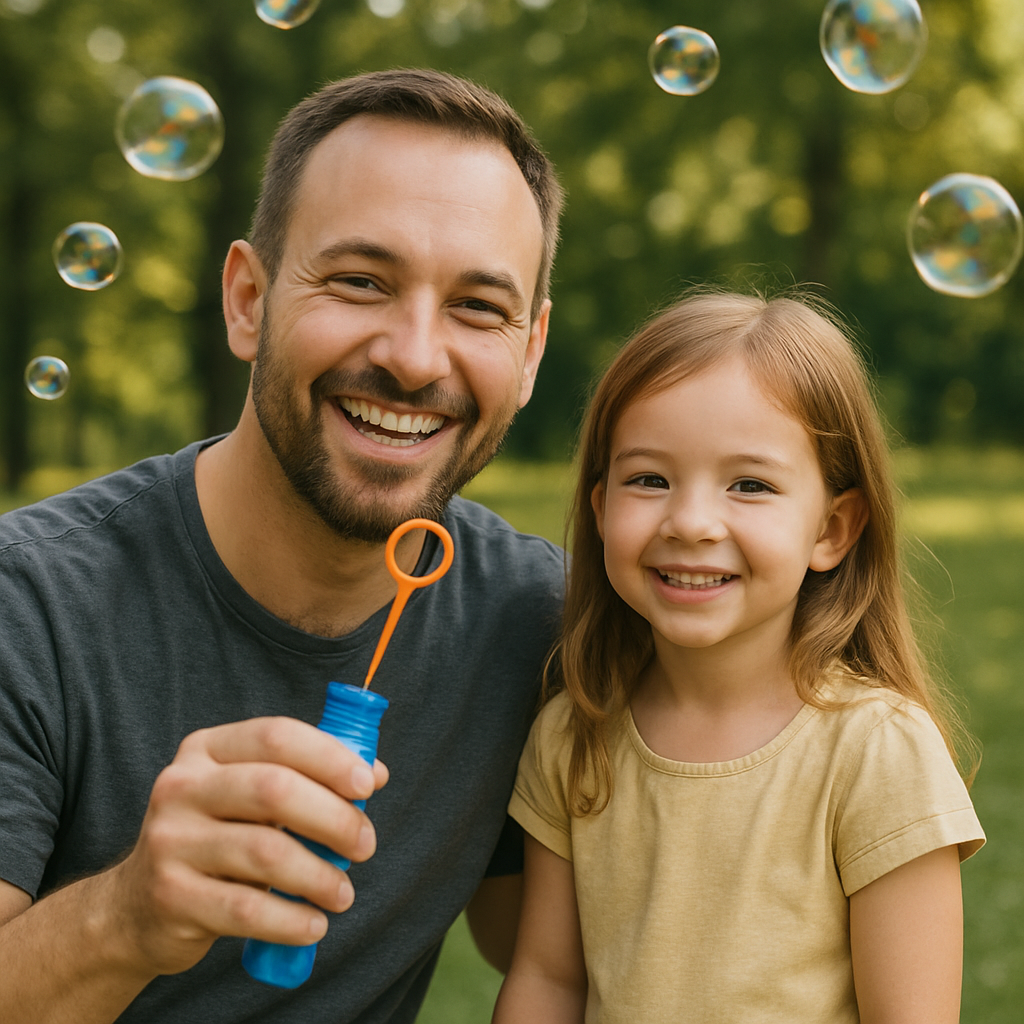 Smiling dad holding bubble wand with daughter