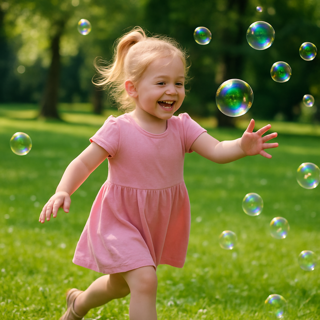 Emma, little girl chasing bubbles