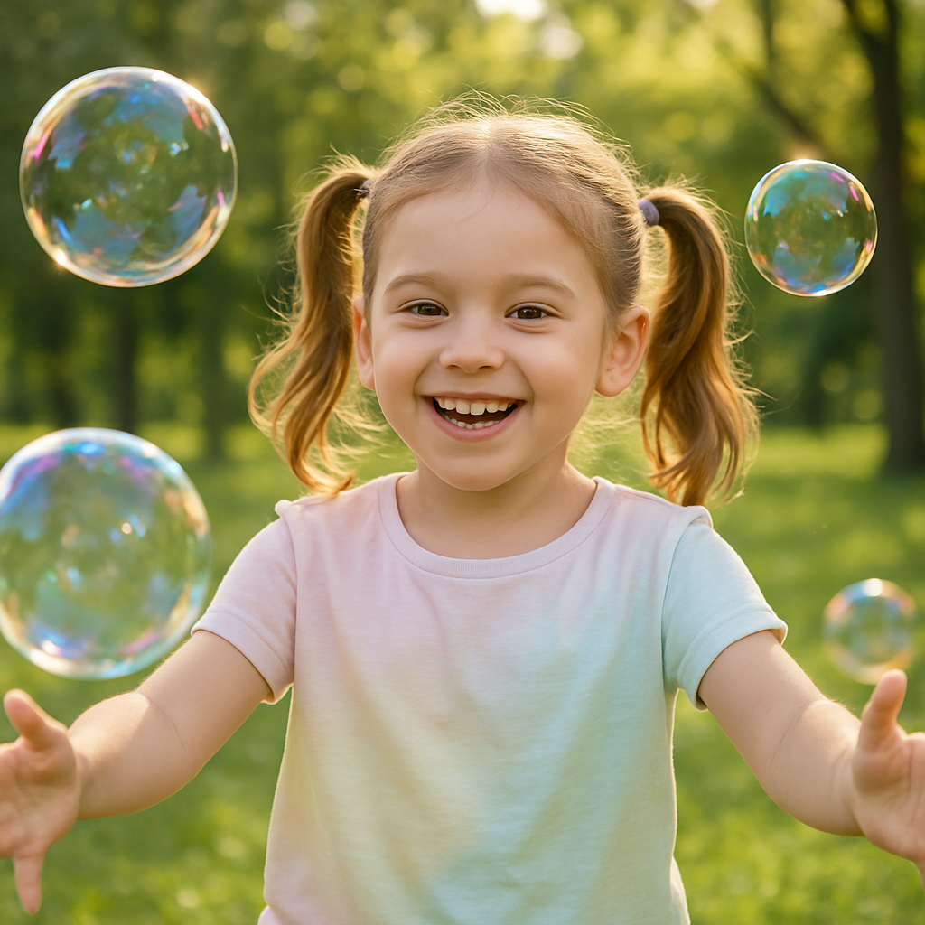 Lila, age 6, smiling with bubbles