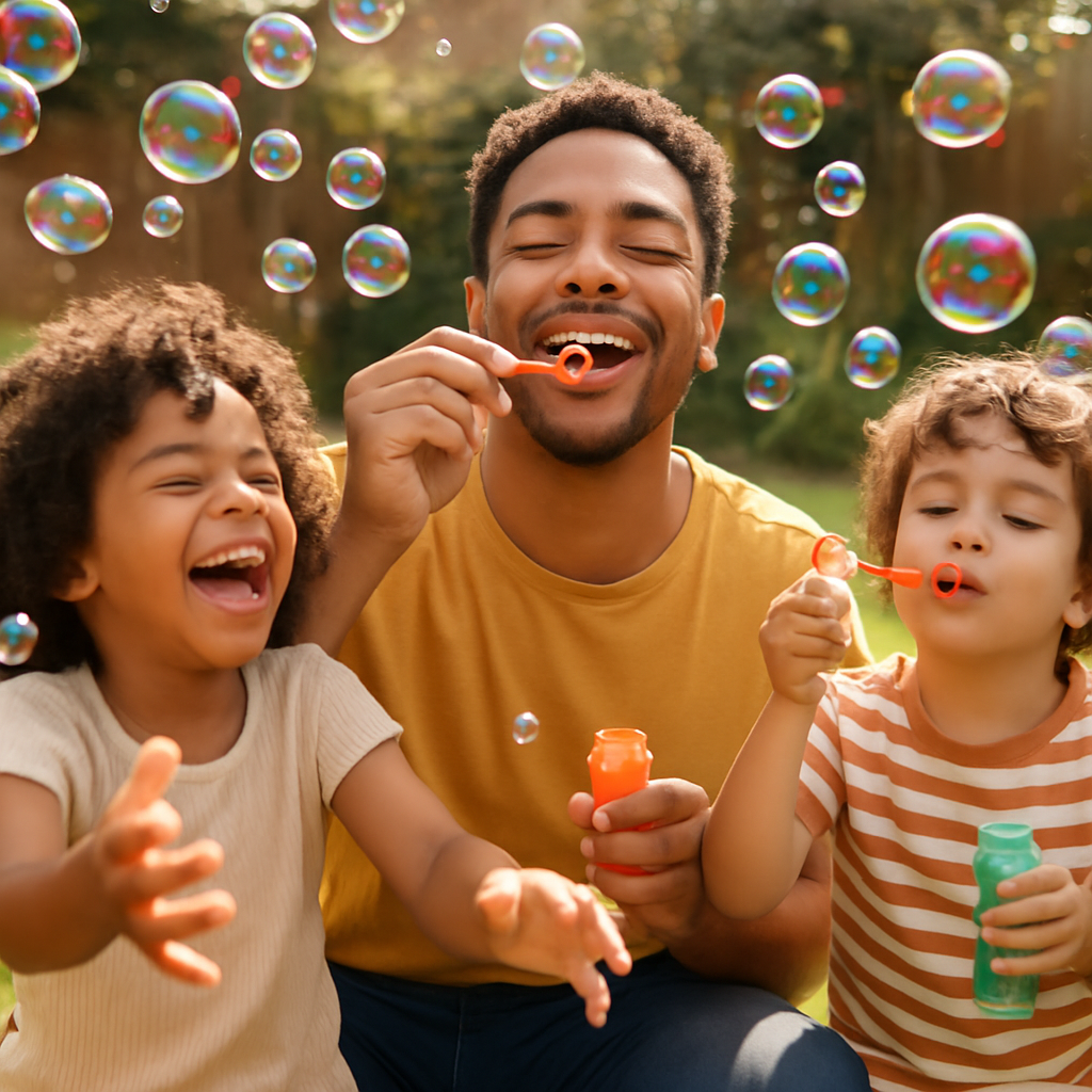 Parent and two children blowing bubbles together