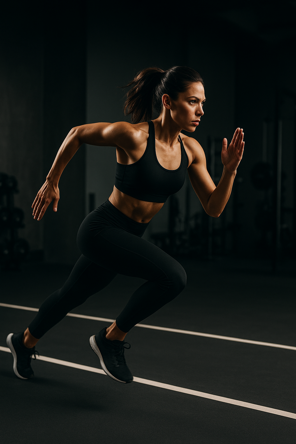 Focused athletic woman in a black training outfit sprinting indoors under dramatic studio lighting