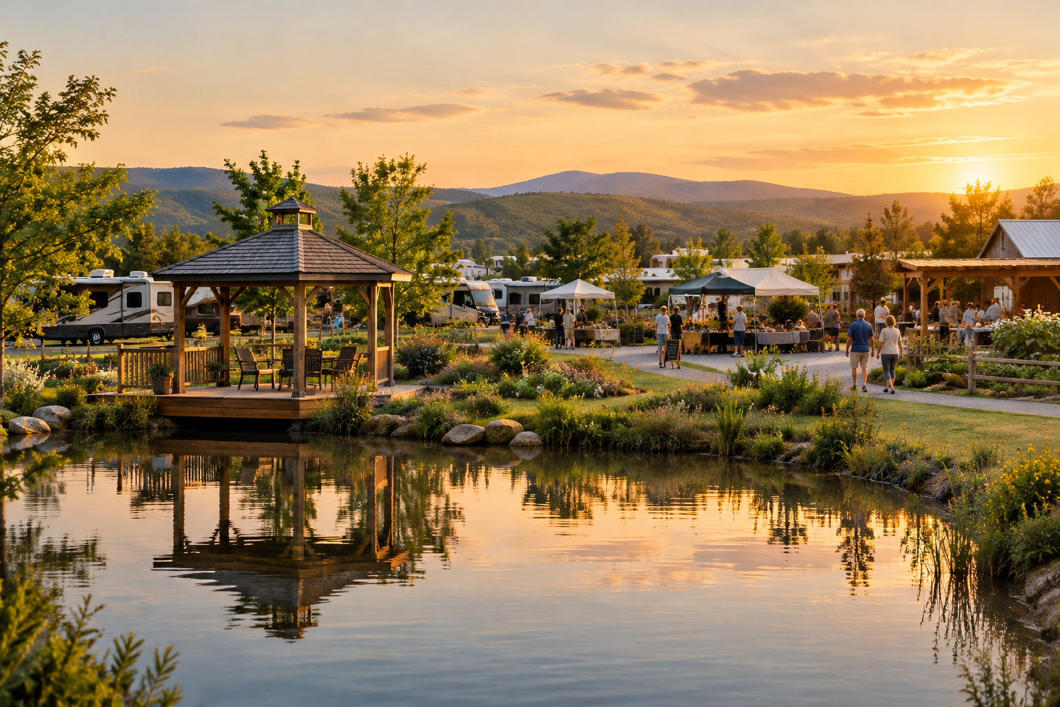 Panoramic ranch resort scene with a calm pond, a wooden gazebo, and subtle open-air marketplace activity among community pathways