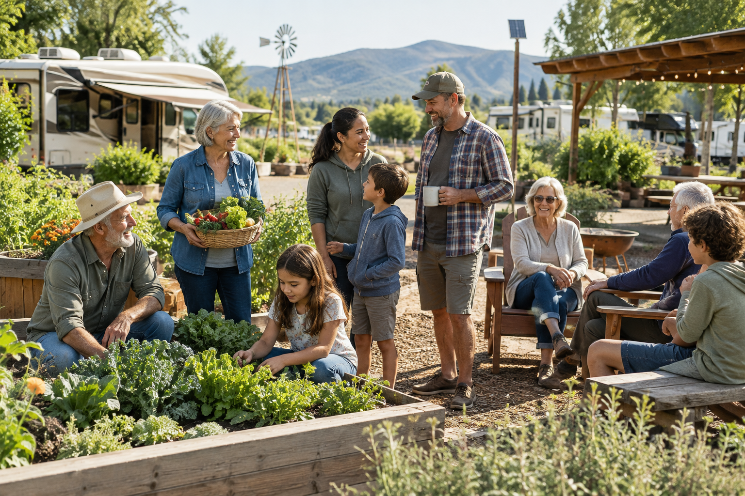 Multi-generational RV community members talking together in a sunny resort garden