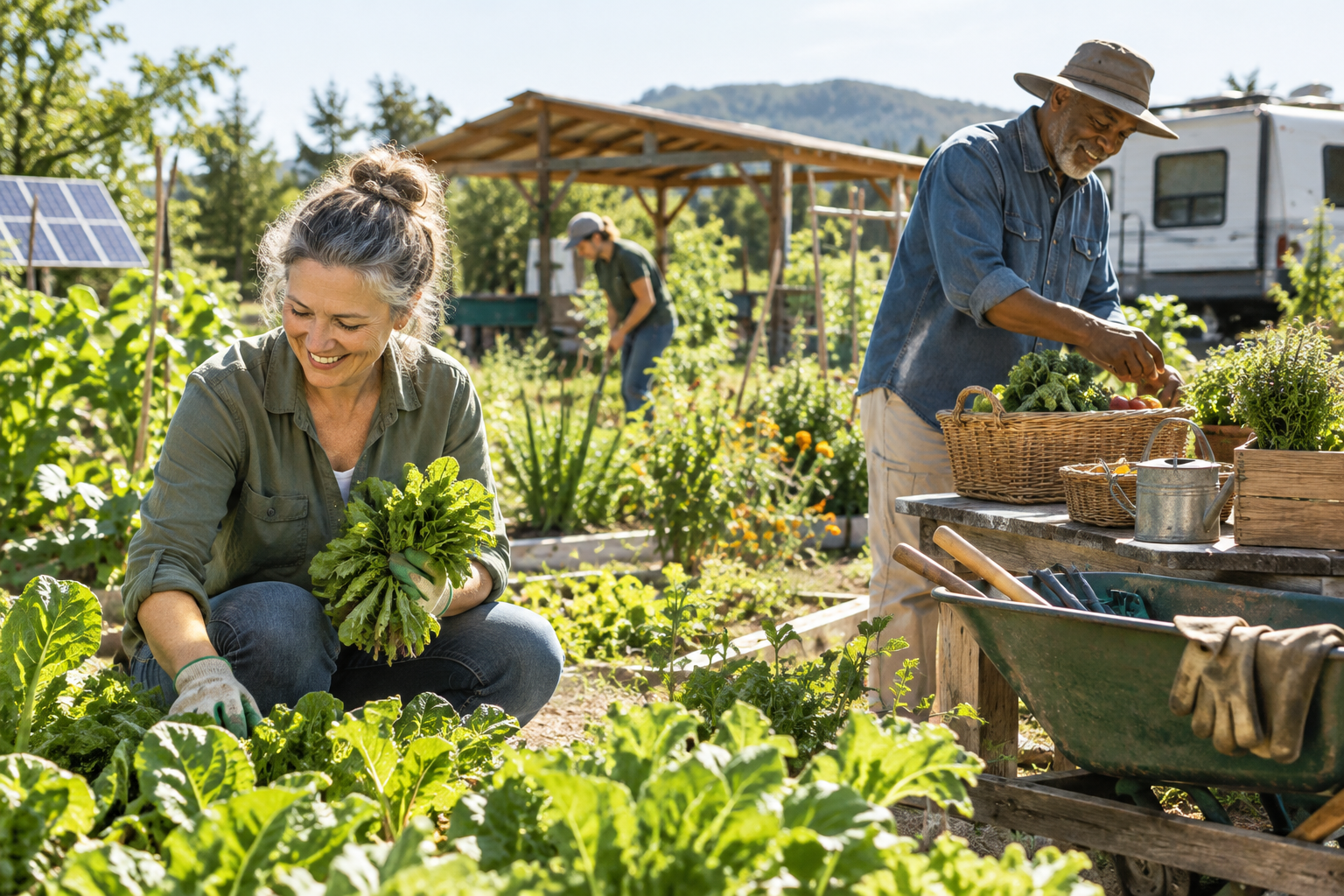 Two residents harvesting vegetables together in raised beds inside a community garden