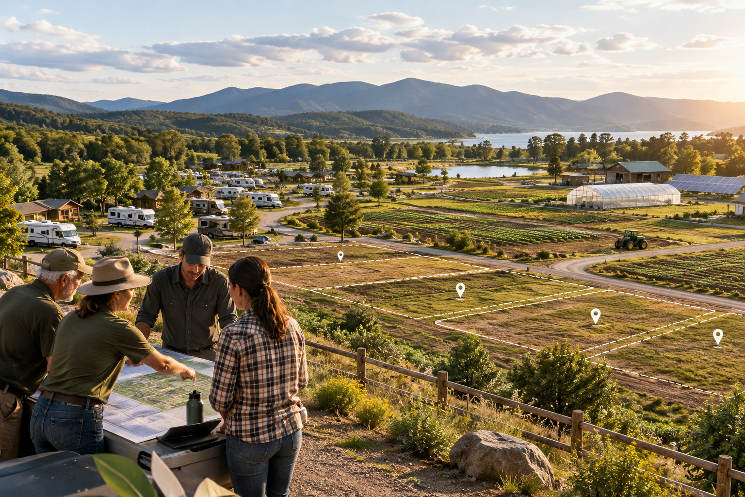 Wide view of planned resort plots and fields with a small team discussing expansion onsite