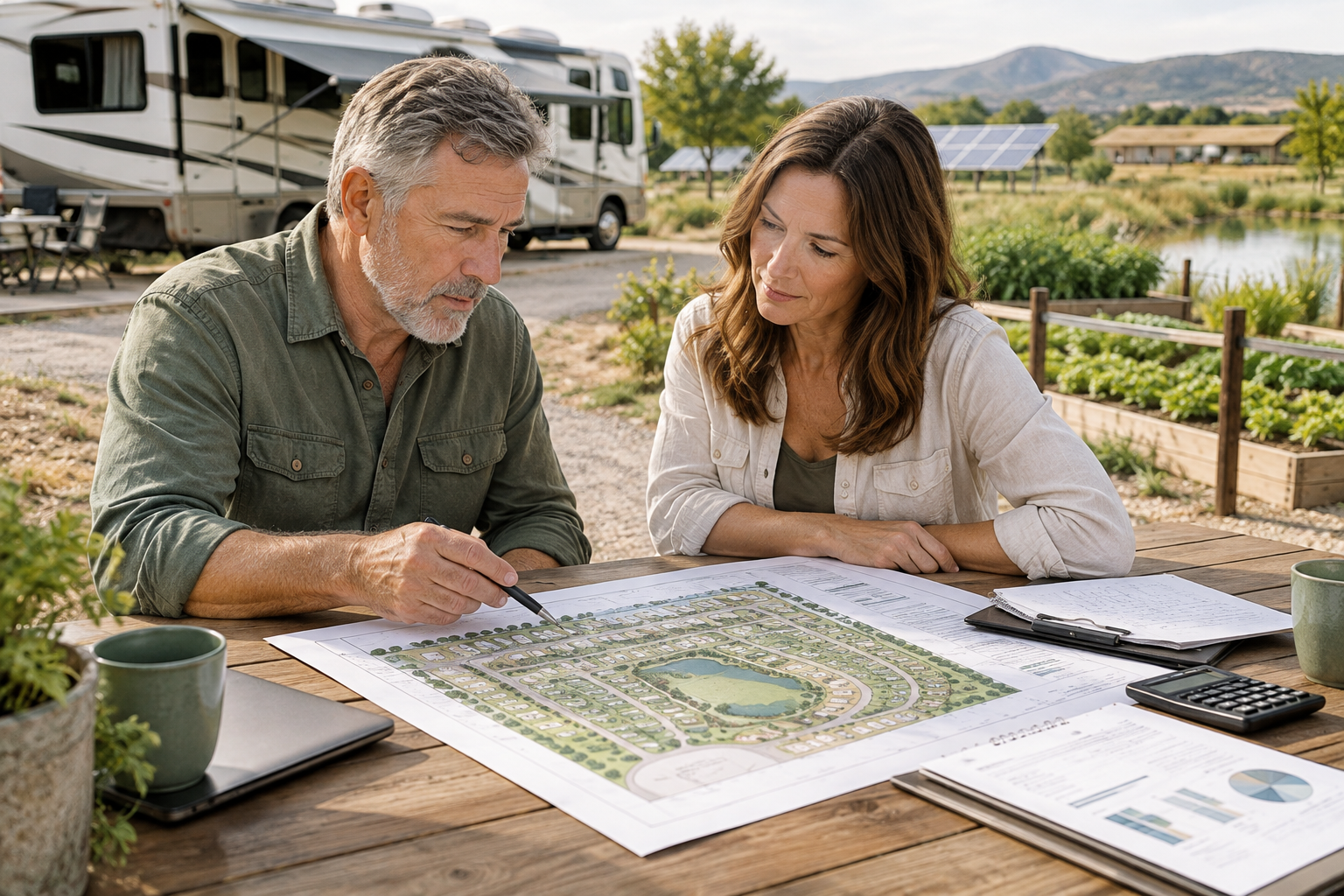 Investor and project lead reviewing land plans on an outdoor table near an RV resort site
