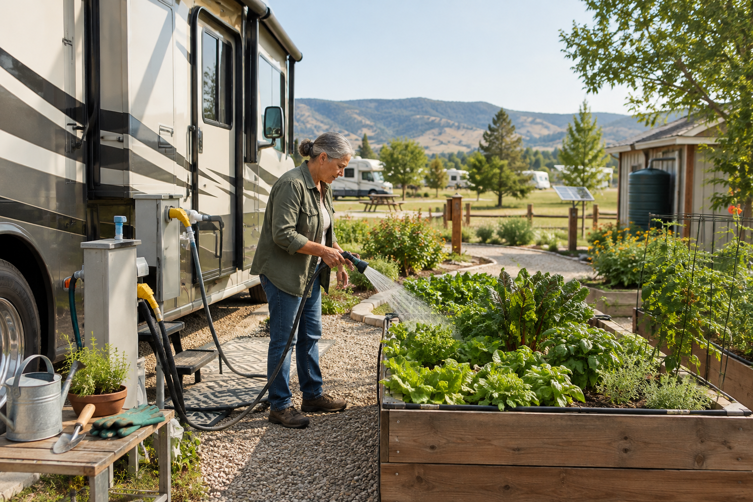 Resident checking utilities and maintaining a tidy RV lot with garden tools nearby