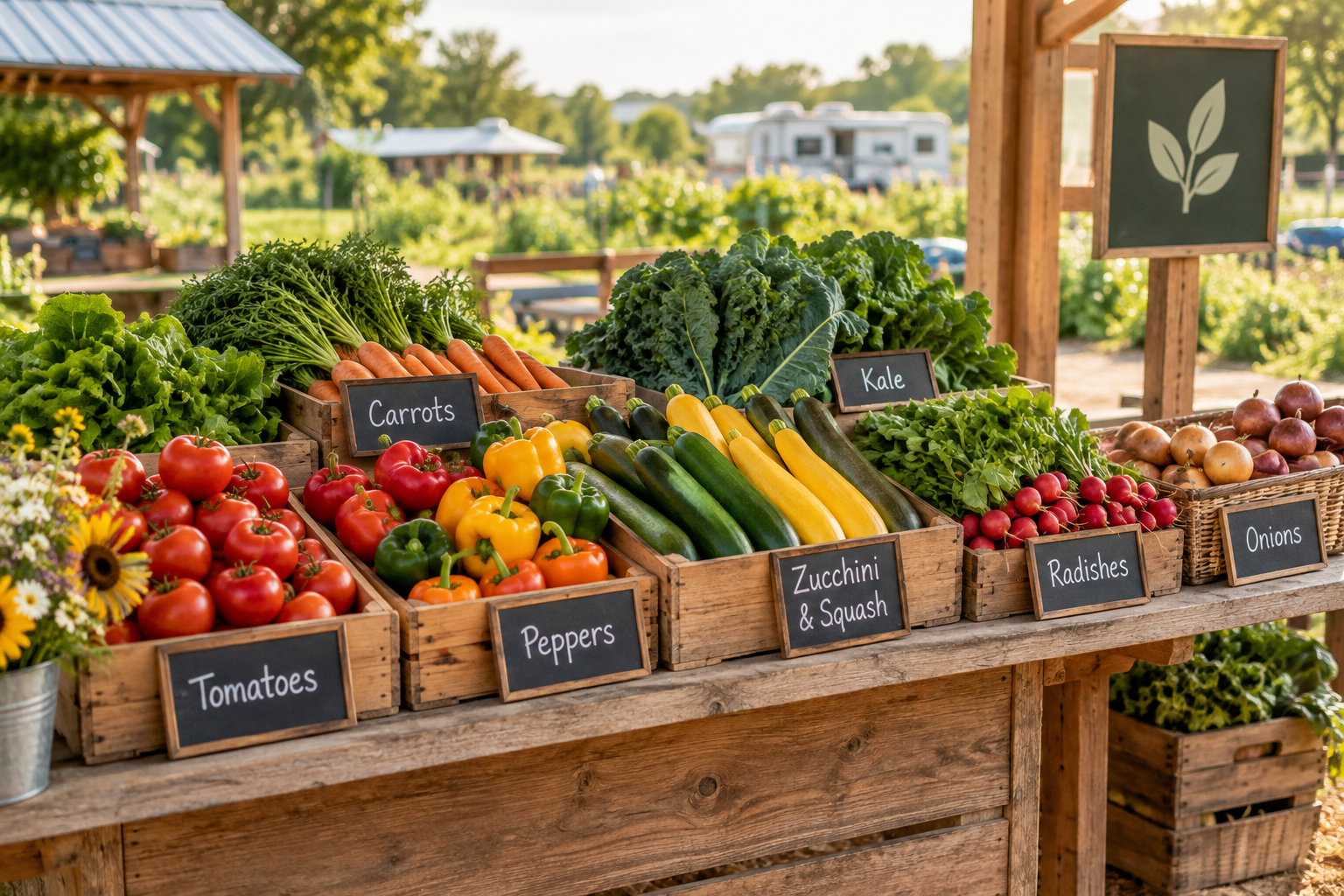 Fresh produce crates arranged at a small local farm stand with handwritten price tags