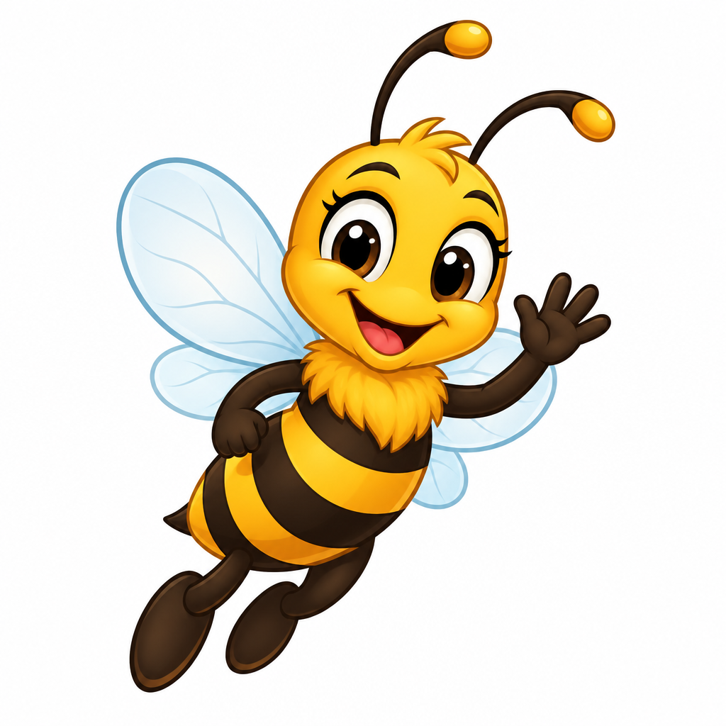 Friendly cartoon bee mascot in alternate pose with bright yellow and black stripes