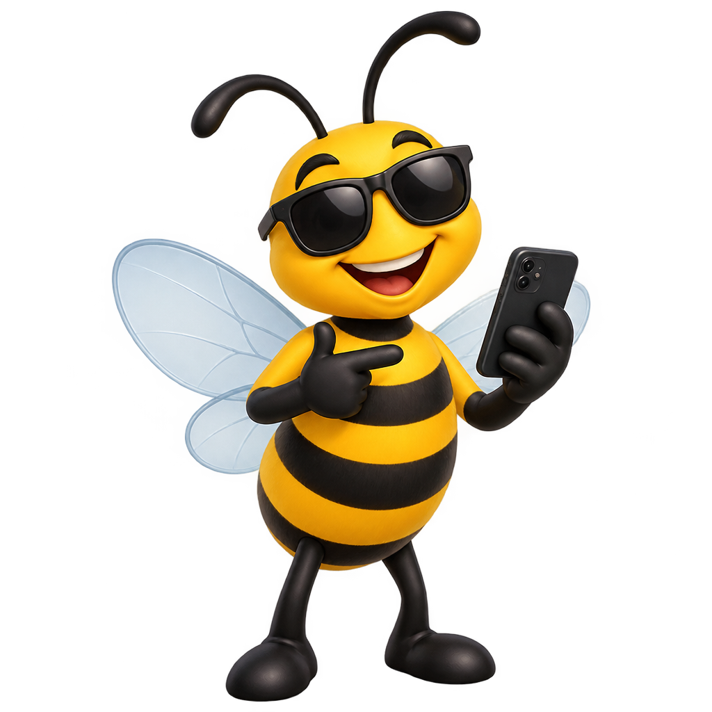 Cartoon yellow bee wearing sunglasses and holding a phone