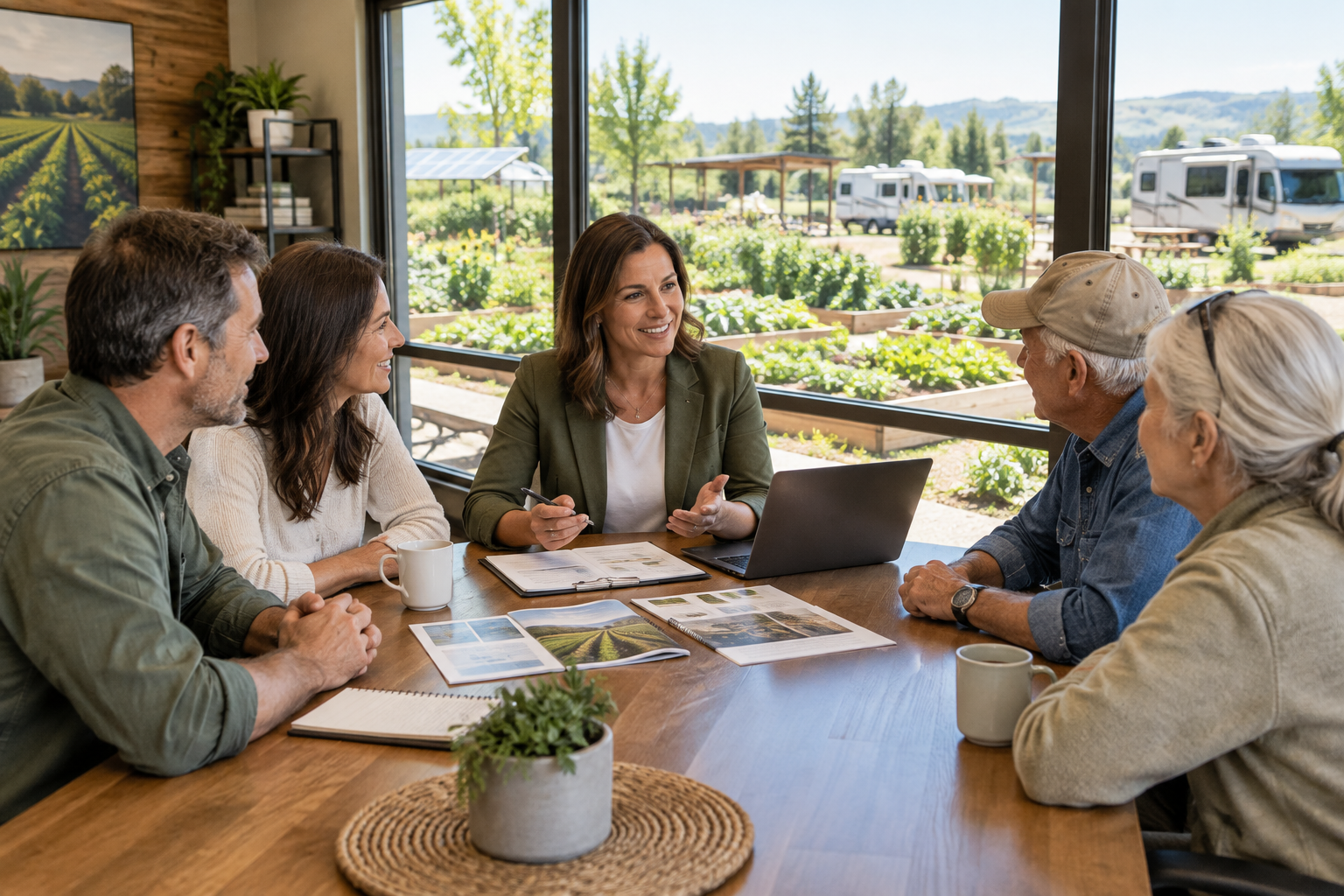 Welcoming ranch-style resort community office scene with a professional advisor greeting RV retirees and investors at a wooden table, organic garden beds and parked RVs visible behind, warm natural daylight, trustworthy and community-oriented atmosphere