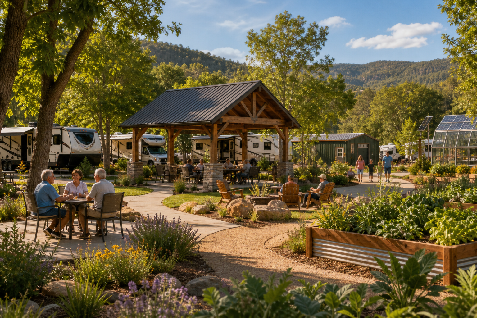 Ground-level cinematic view of community living zones with leased RV pads, shared social spaces, and landscaped walkways