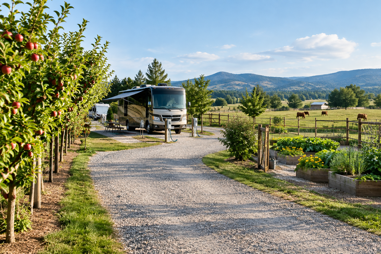 Broad gravel RV lane along orchard rows and open pasture with utility hookups and garden plots under bright clear skies