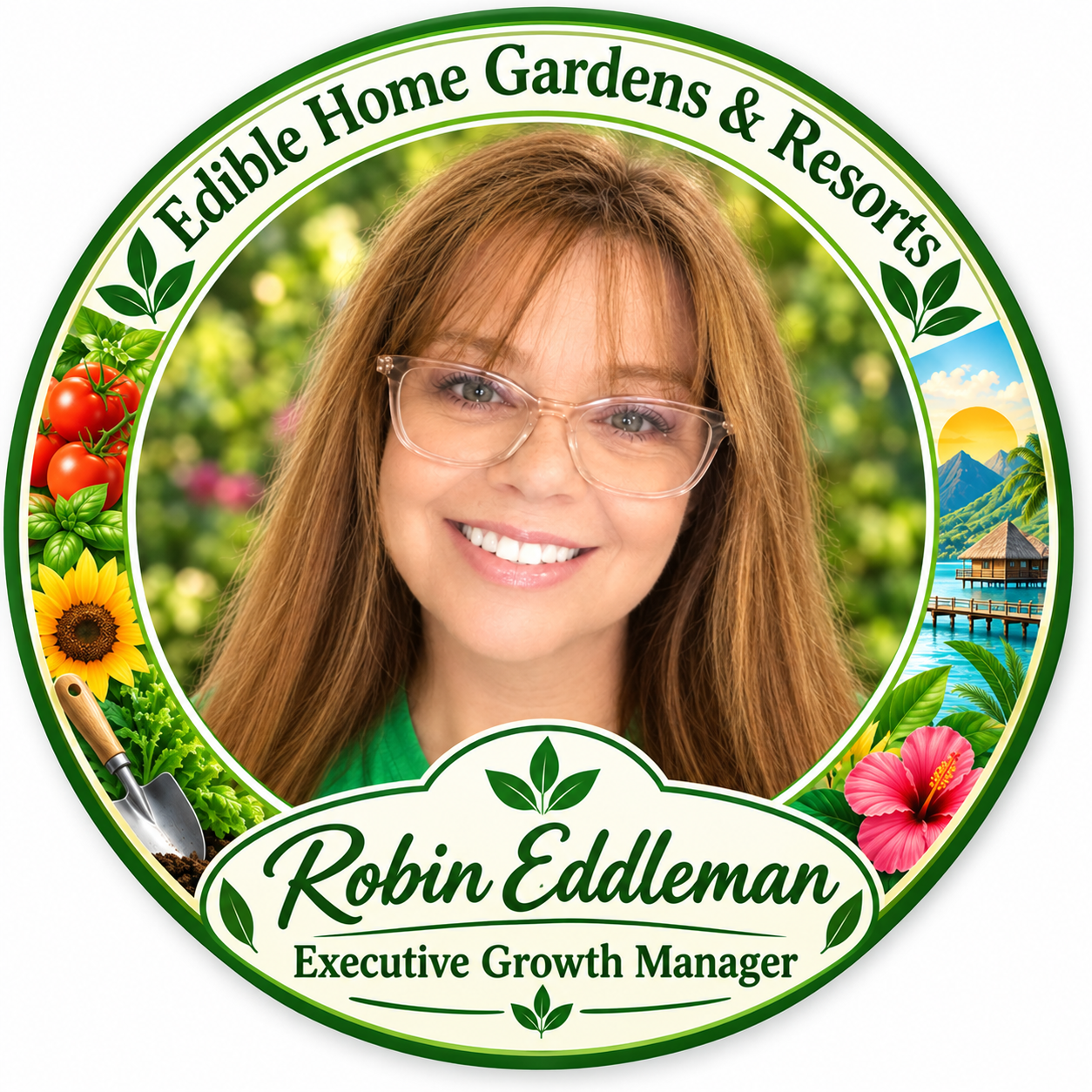 Executive profile image of Robin Eddleman with Edible Home Gardens Resorts circular branding