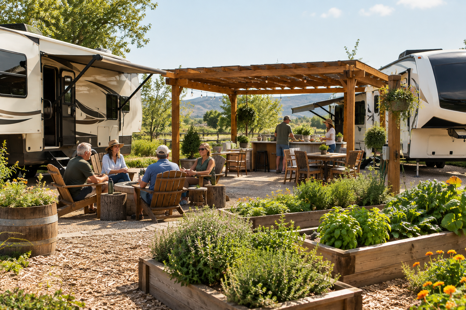 Shared resort courtyard with parked RVs, shaded seating, and a communal prep area near raised herb beds in soft afternoon daylight