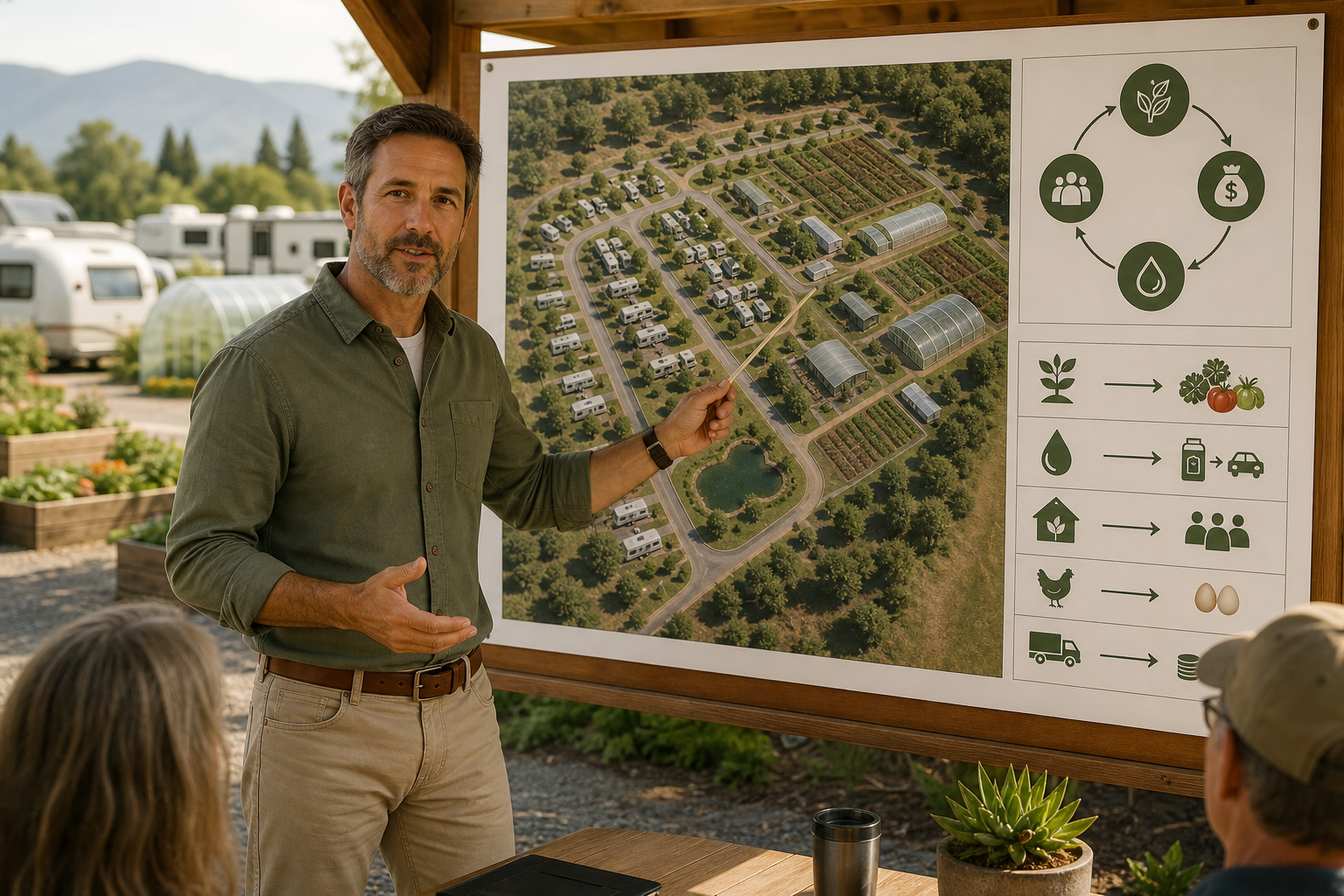 Poster still for compensation overview video showing a confident resort opportunity presentation with land planning visuals and investor-ready sustainability metrics