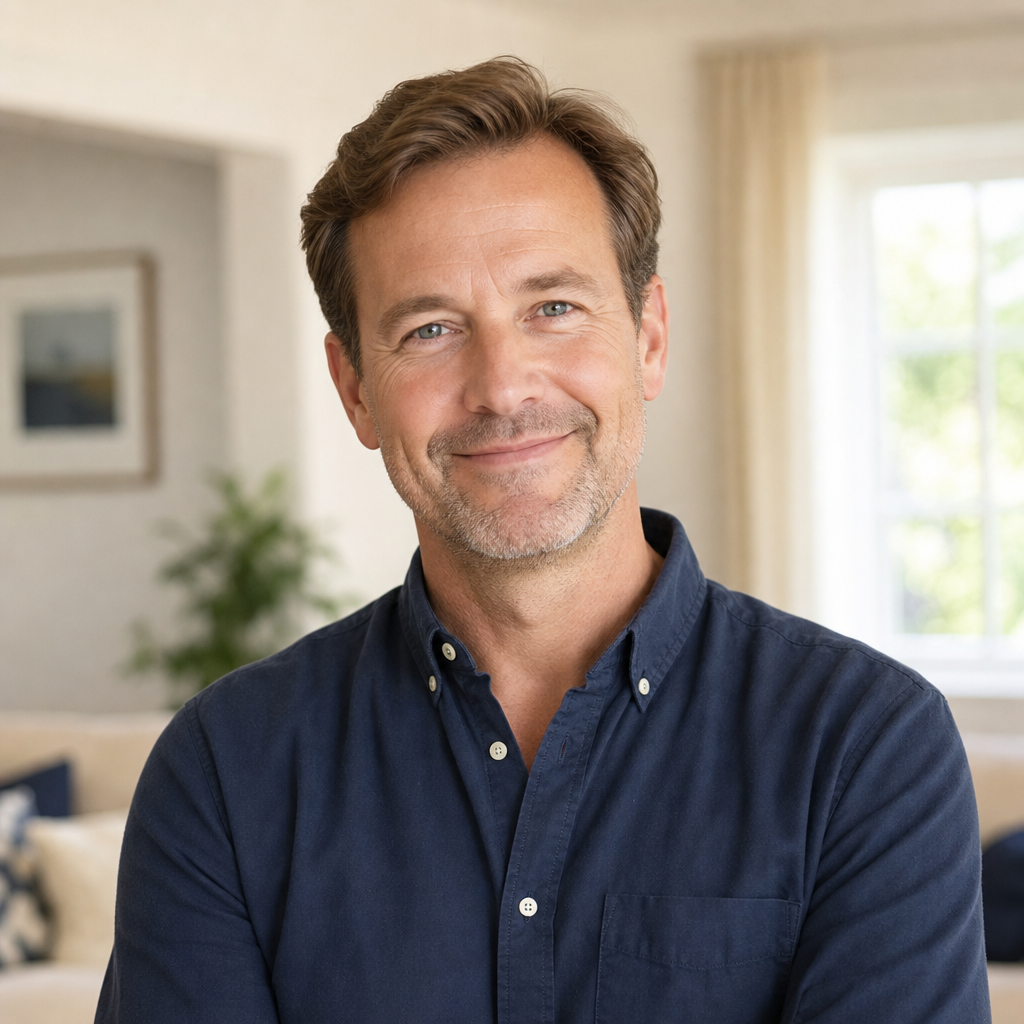 Friendly middle-aged man with light brown hair and a navy shirt, homeowner portrait