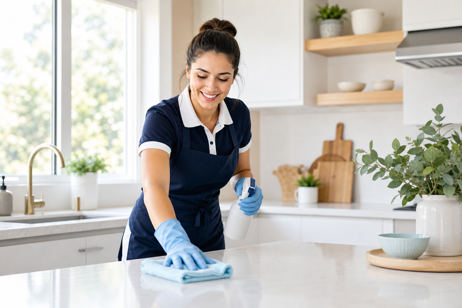 Friendly cleaning professional in a neat uniform wiping a bright kitchen counter in a modern home