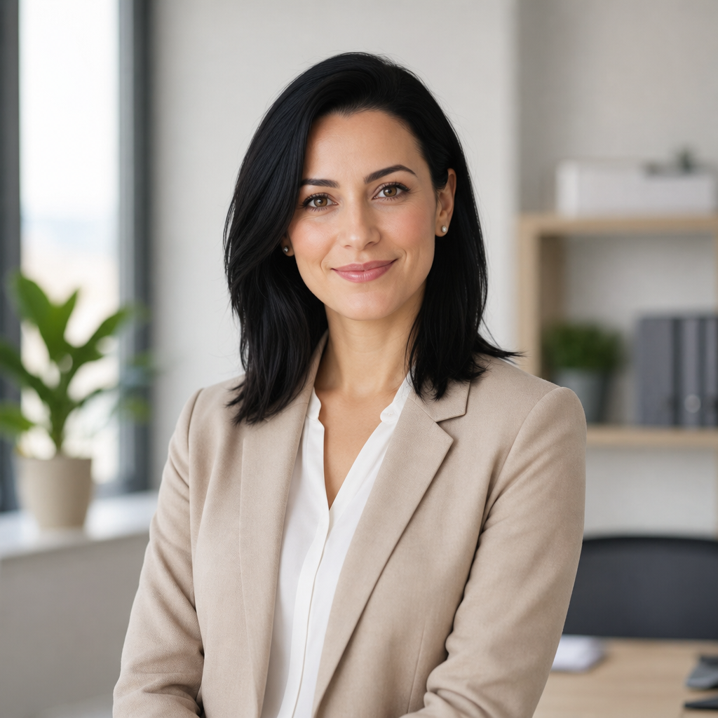 Professional woman with shoulder-length black hair wearing a beige blazer, office manager headshot