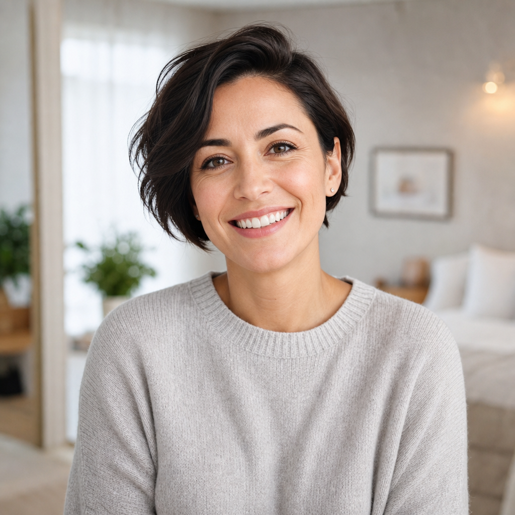 Smiling woman with short dark hair in a light sweater, professional Airbnb host headshot
