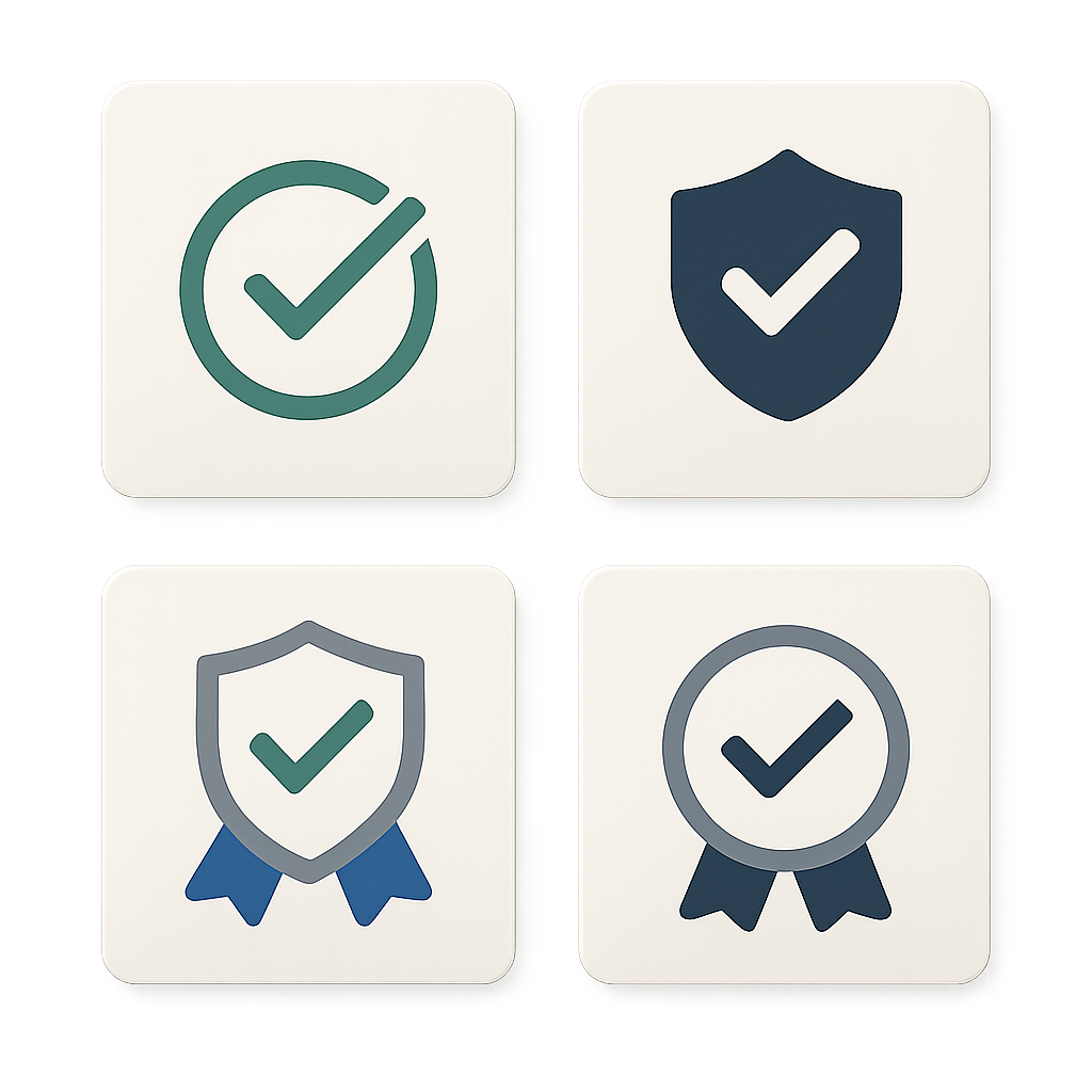A clean grid of four modern verification badges with checkmarks, shields, and ribbon icons on soft neutral cards