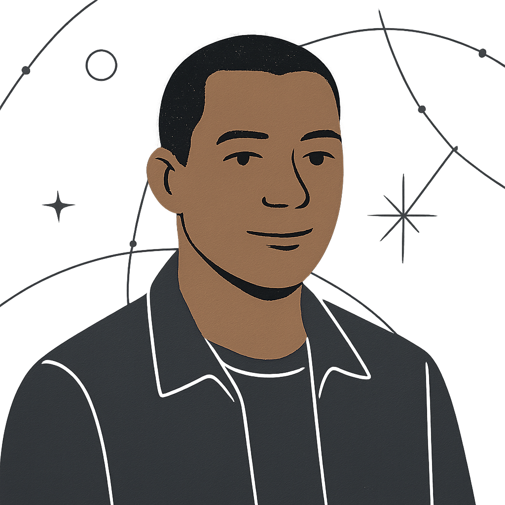 Illustrated portrait of Eli Rho with close-cropped black hair, medium brown skin, and a charcoal jacket under subtle star map linework