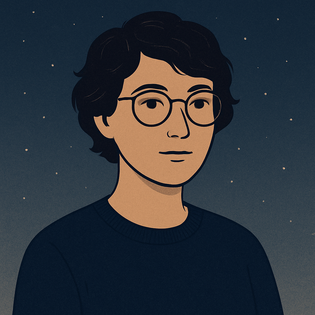 Illustrated portrait of Mara Vale with short wavy dark hair, round glasses, and a navy knit sweater against a soft twilight background