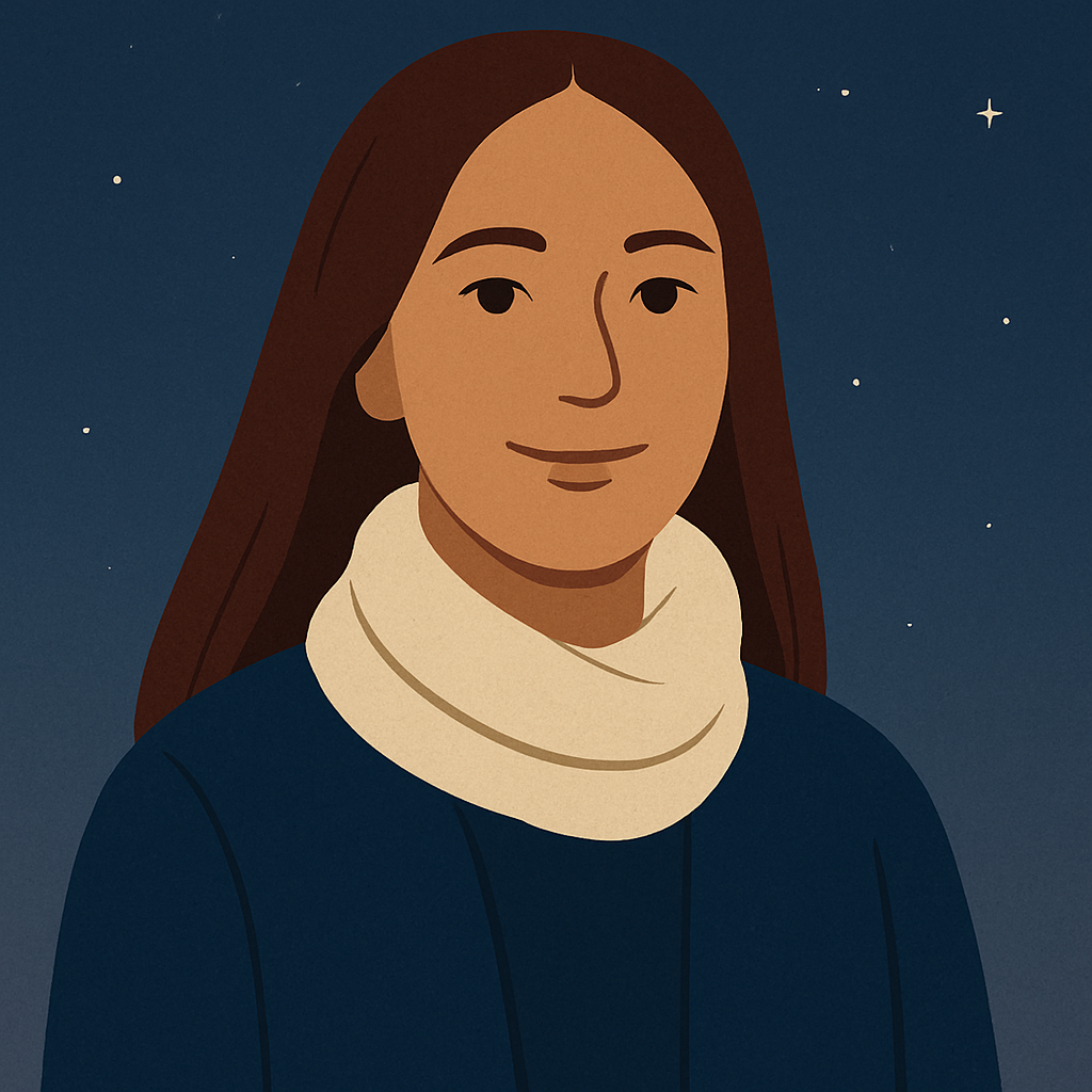 Illustrated portrait of Sana Ortiz with long straight auburn hair, light olive skin, and a cream scarf over a deep blue coat