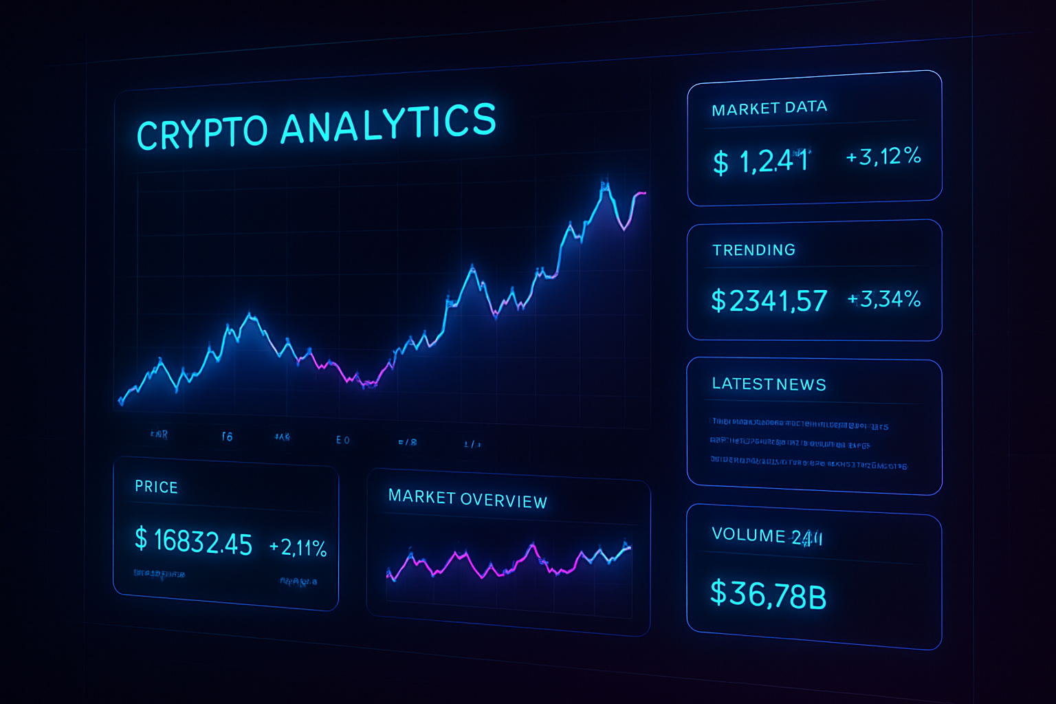 Futuristic crypto analytics dashboard with neon charts, glowing data panels, and a dark tech interface