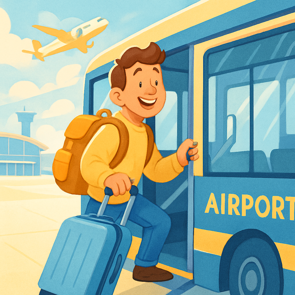 Smiling traveler with suitcase boarding a shuttle at an airport, bright and playful, blue and gold tones, friendly illustration style, airy lighting