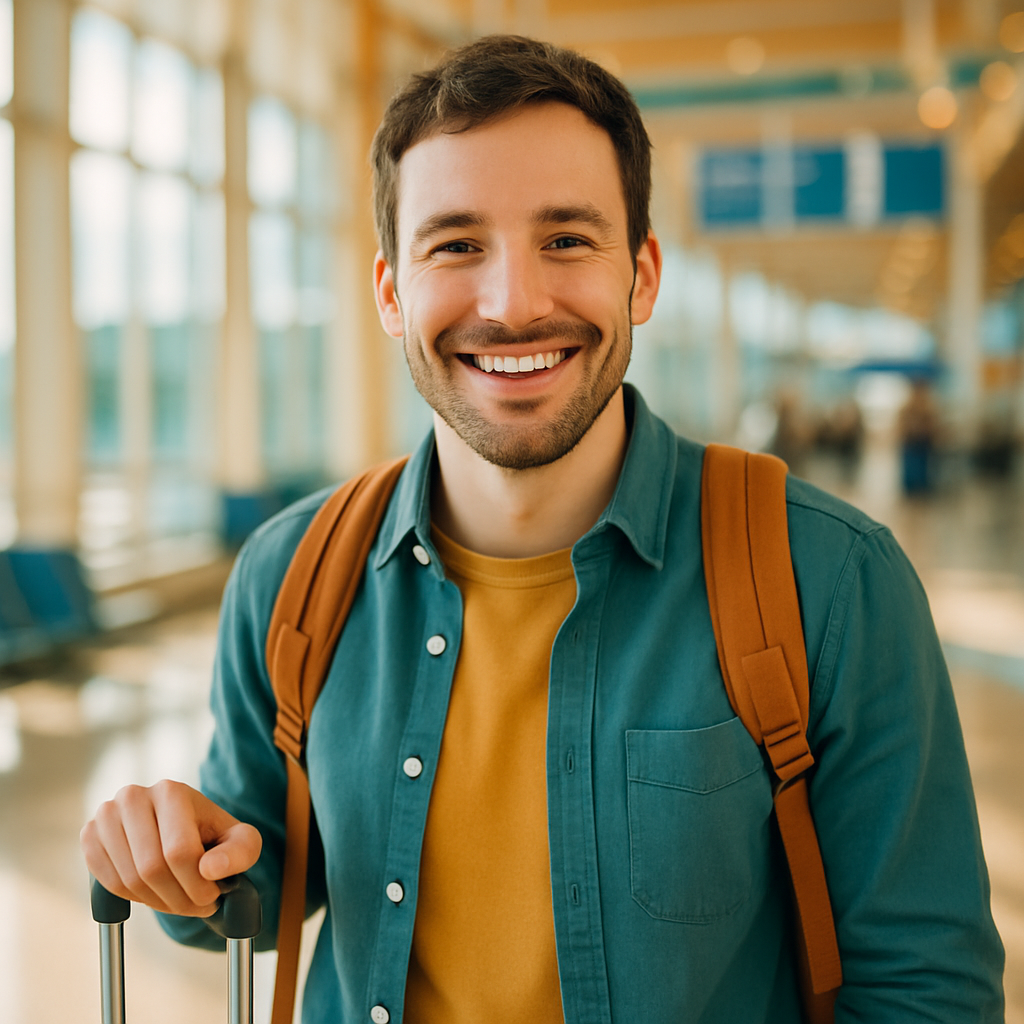 Happy traveler smiling with luggage at an airport terminal