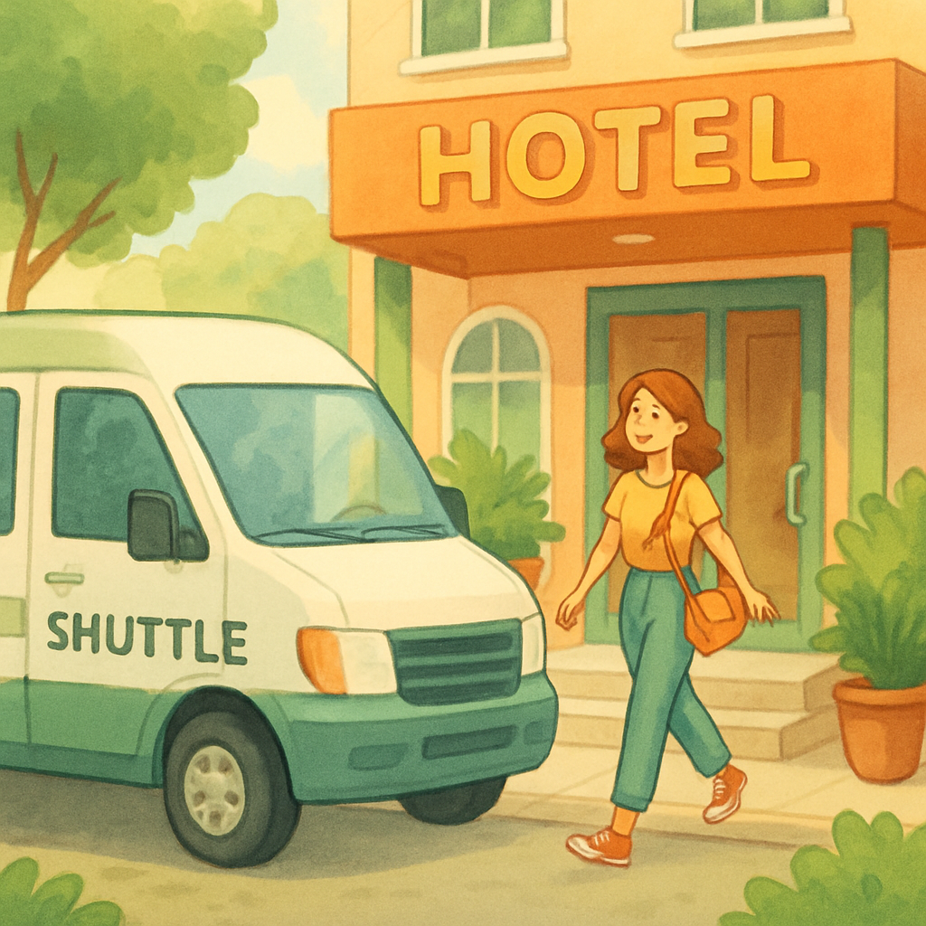 Young woman stepping out of hotel with shuttle in front, bright and inviting, green and orange tones, friendly illustration style, soft daylight