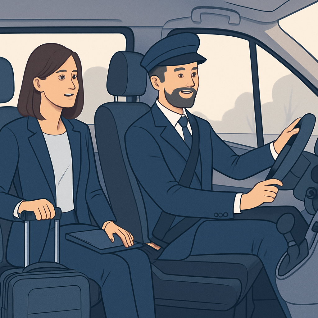 Business traveler in private shuttle with driver, calm and premium, navy and soft gray hues, friendly illustration style, clean lighting