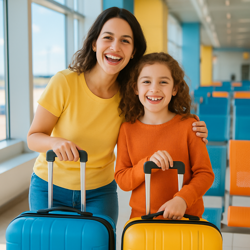 Smiling mom and daughter traveler
