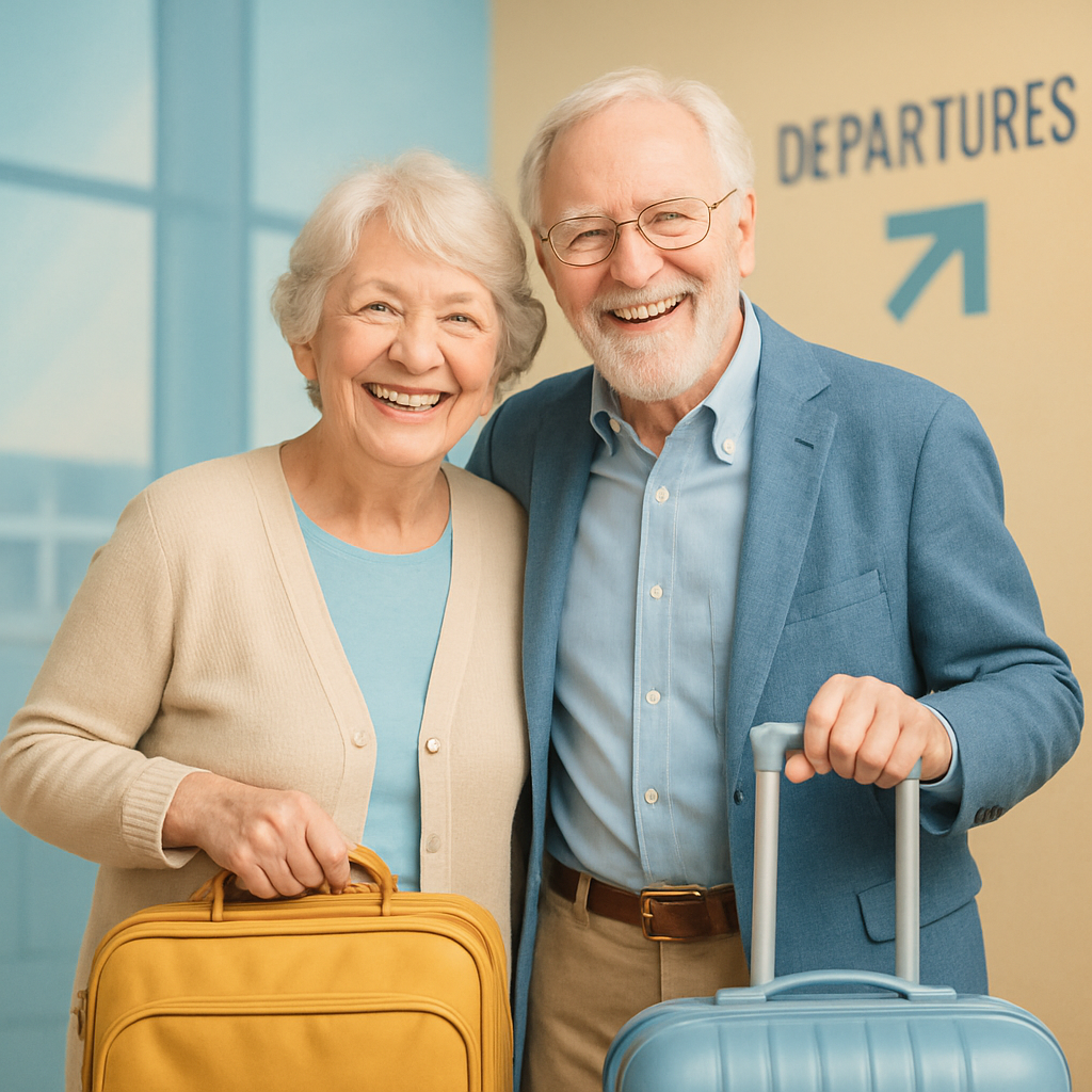 Cheerful senior traveler couple