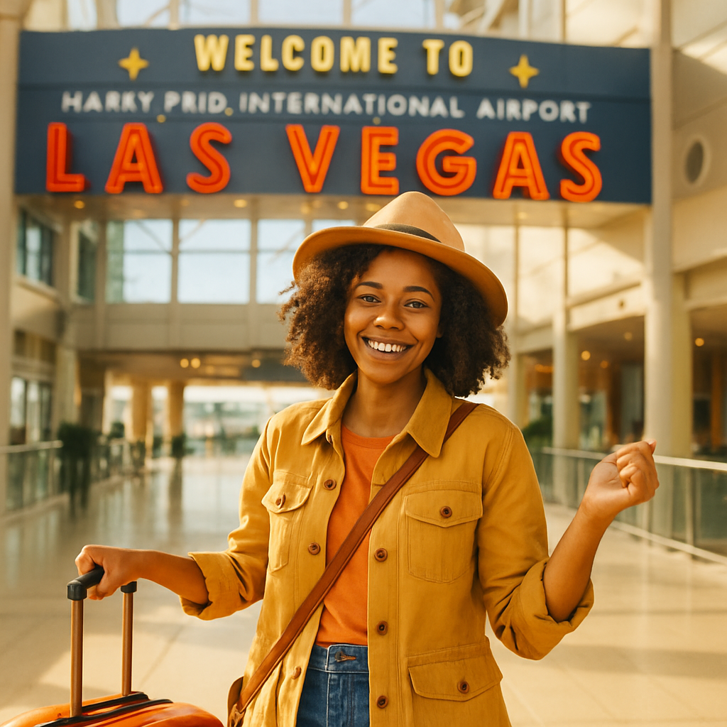 Smiling traveler at LAS Airport, Las Vegas