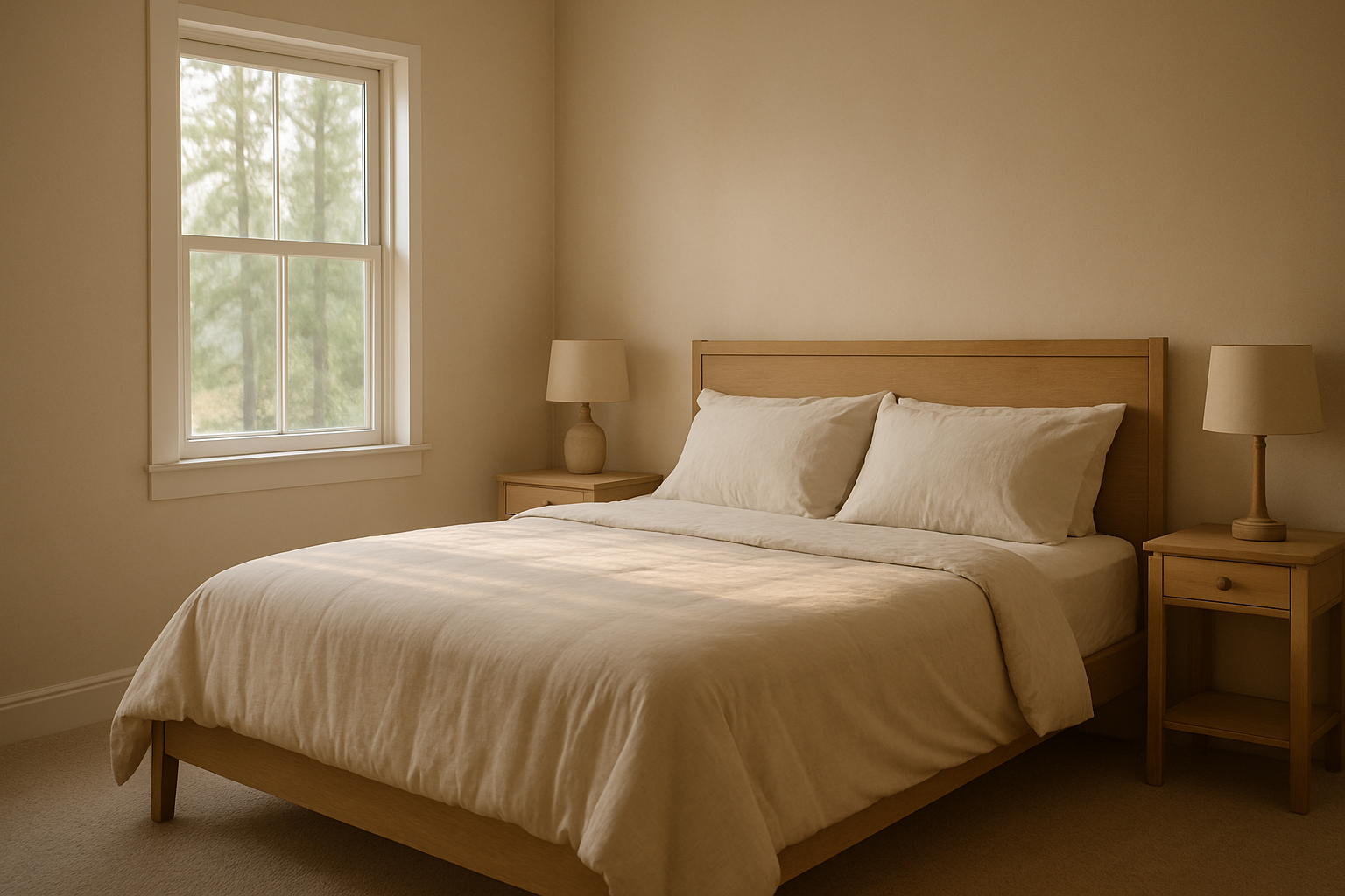 Peaceful bedroom with a queen bed, soft linens, and a view of pine trees