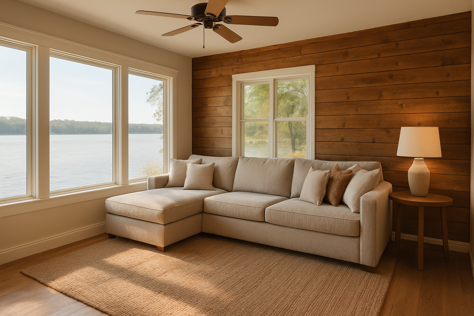 Cozy lakehouse living room with a sectional sofa, wood accents, and lake views