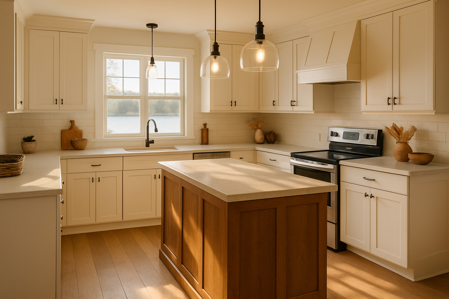 Bright lakehouse kitchen with white cabinetry, wood island, and pendant lighting