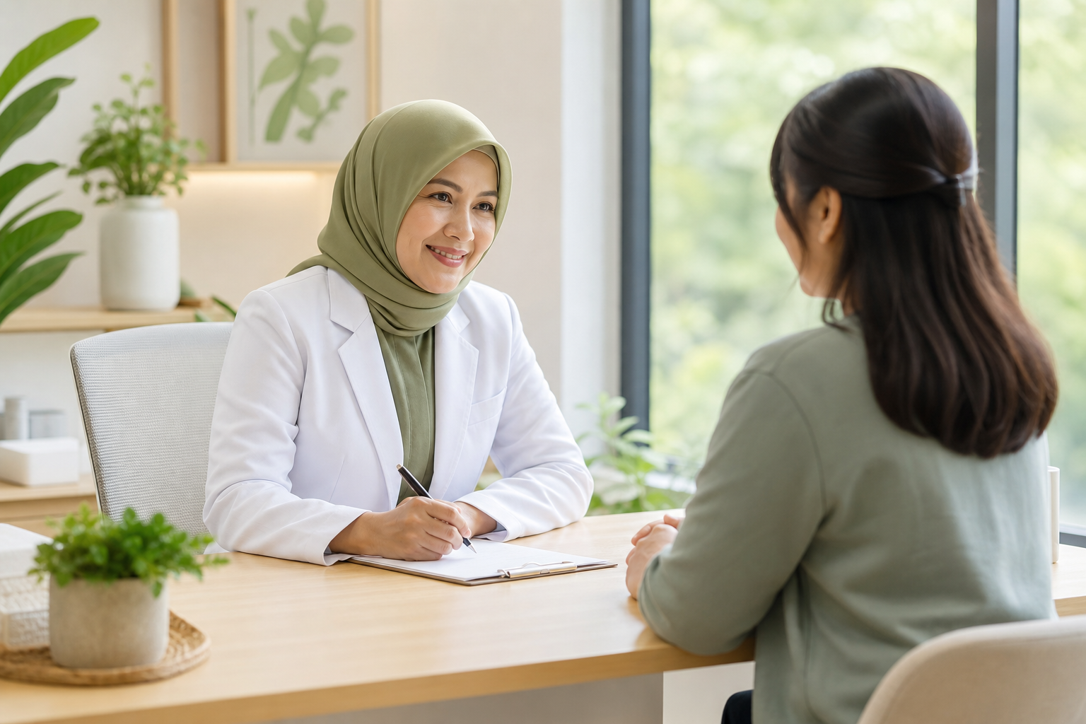 Dokter perempuan profesional mengenakan jas putih dan hijab hijau lembut sedang berbicara hangat dengan pasien dewasa di ruang konsultasi klinik yang cerah dan alami