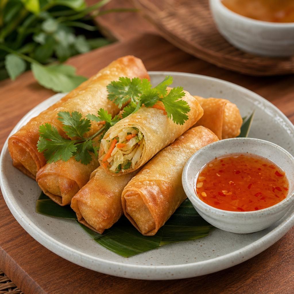 Crispy Thai spring rolls with sweet chili sauce on a small plate
