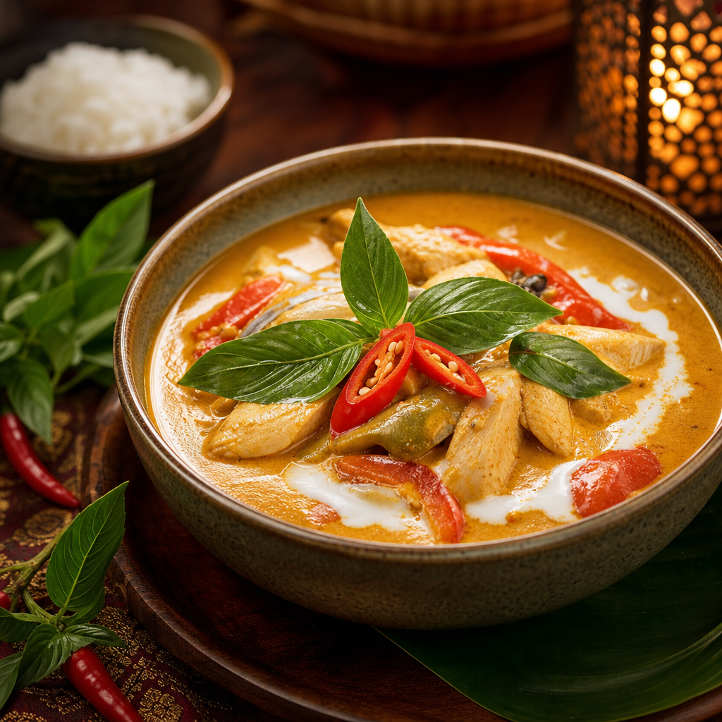 Golden Thai curry in a ceramic bowl with basil leaves and red chilies