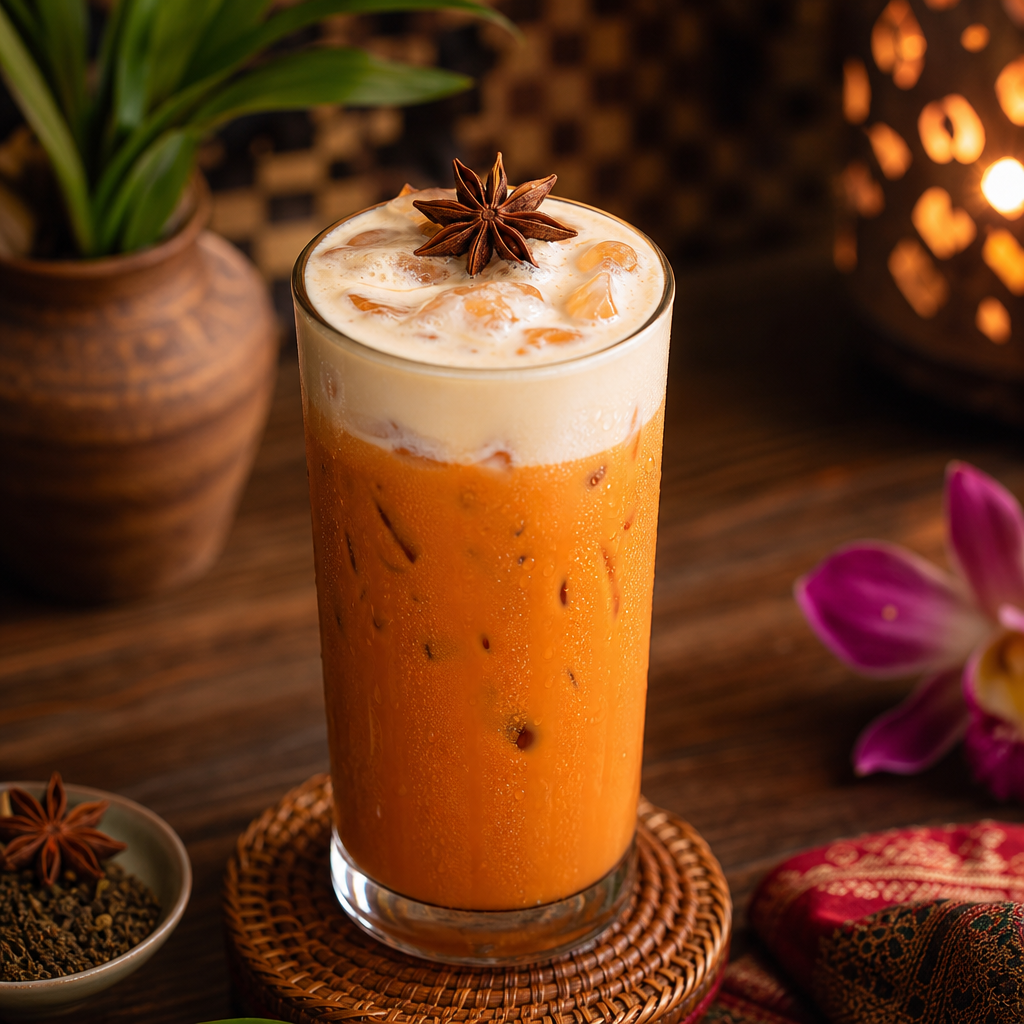 Iced Thai tea in a tall glass with foam and star anise