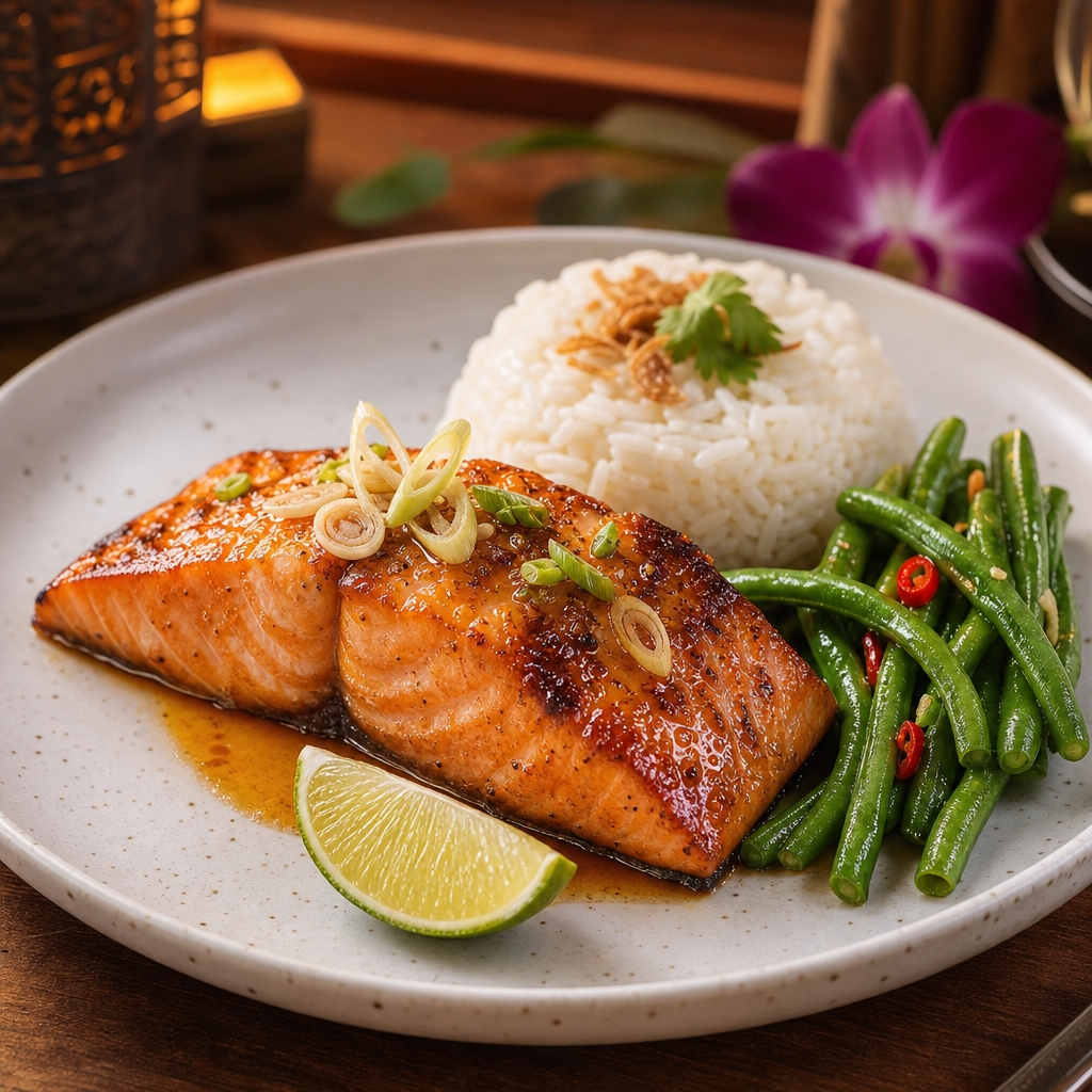 Seared salmon glazed with lemongrass, plated with jasmine rice and crisp green beans