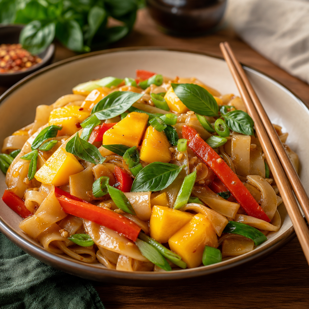 Wide rice noodles tossed with mango, basil, and vegetables in a glossy sauce