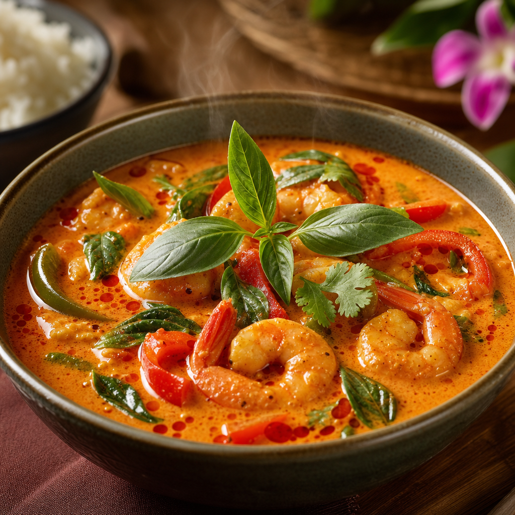 Creamy red curry with shrimp, bell peppers, and Thai basil in a deep bowl
