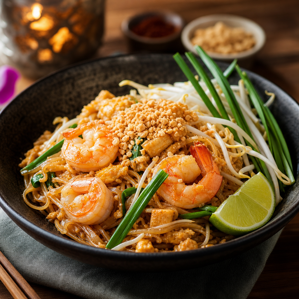 Pad Thai noodles with shrimp, peanuts, and lime in a dark bowl