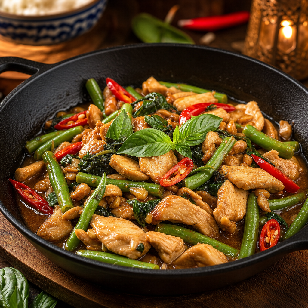 Thai basil stir-fry with chicken, green beans, and chili in a skillet