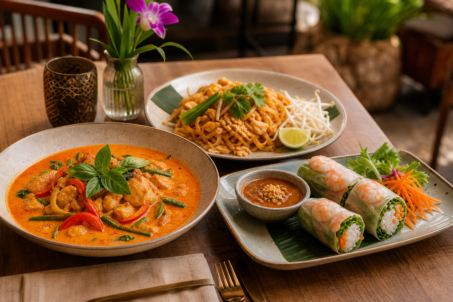 A warm Thai dining table with a vibrant red curry, herb-topped pad thai, and fresh spring rolls on modern ceramic plates